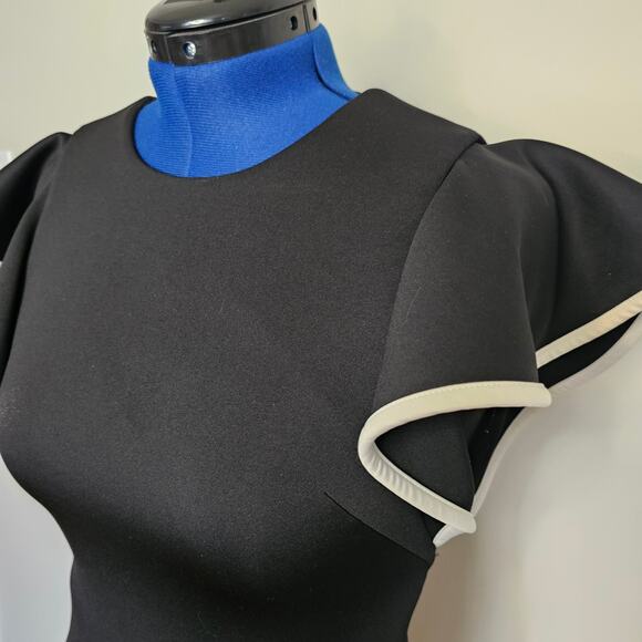 Calvin Klein Black Ruffle BodyCon Sheath Dress w/White Piping Ruffle Trim - Picture 2 of 5